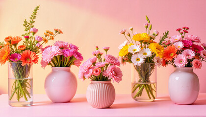 Fototapeta premium Vibrant floral arrangements in vases on pastel background, celebration