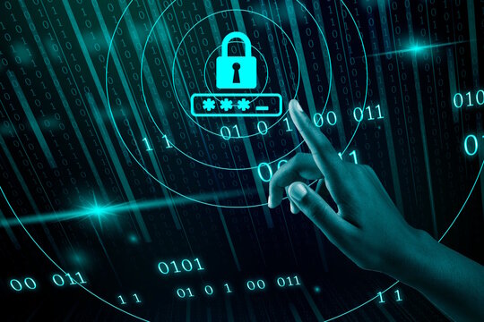 L'index d'une main d'une femme à la peau noire touche l'écran pour déverrouiller le cadenas sur fond cyan de données binaires 