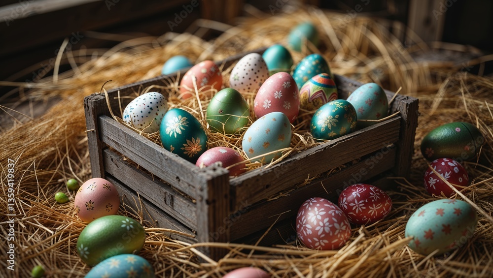 Poster colorful easter eggs arranged in a wooden crate surrounded by straw in a rustic setting