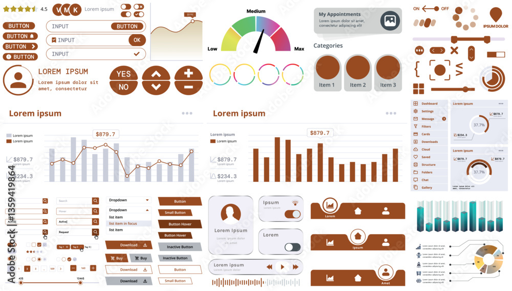 Poster set of modern interface elements for apps and websites: buttons, menus, graphs and charts for busine