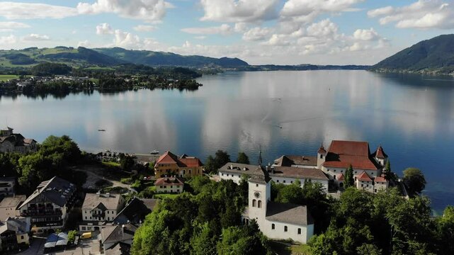 Austria drone footage. Traunkirchen on beautiful Lake Traun (Traunsee) in Traunviertel region.