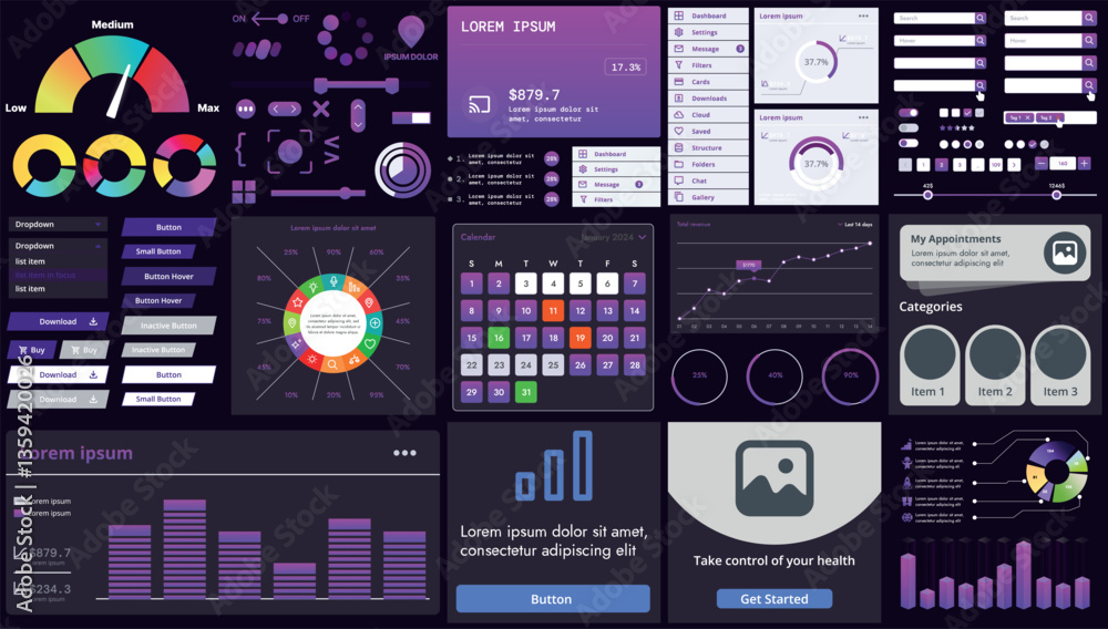 Poster set of modern interface elements for apps and websites: buttons, menus, graphs and charts for busine