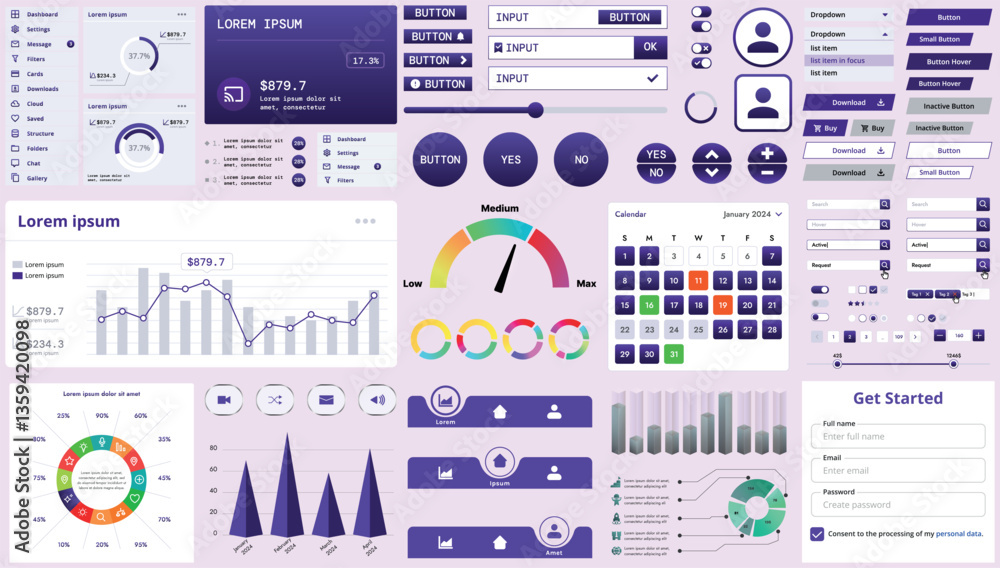 Poster set of modern interface elements for apps and websites: buttons, menus, graphs and charts for busine