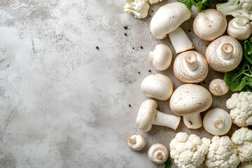 Obraz premium Fresh, raw vegetables, mushrooms, and cauliflower on a light gray surface