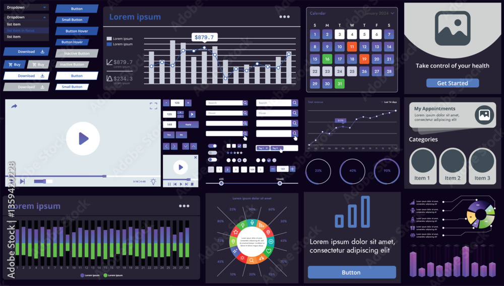 Poster set of modern interface elements for apps and websites: buttons, menus, graphs and charts for busine