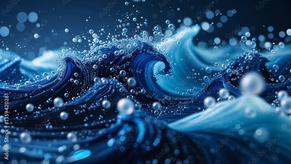 Poster dynamic blue ocean waves create captivating swirls and bubbles under soft light, evoking tranquility