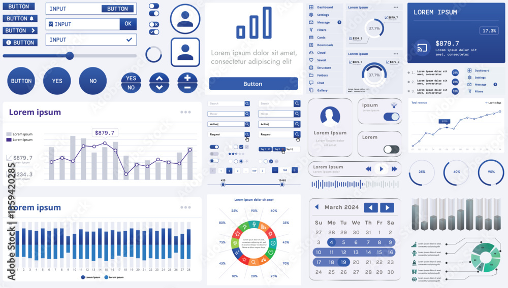 Poster set of modern interface elements for apps and websites: buttons, menus, graphs and charts for busine