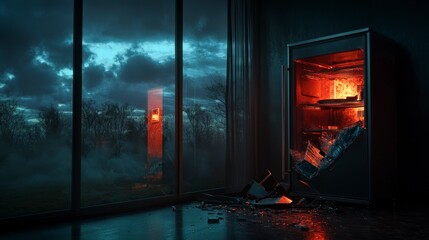 Crisis unfolds a kitchen catastrophe in a darkened home digital art suspenseful environment dramatic viewpoint