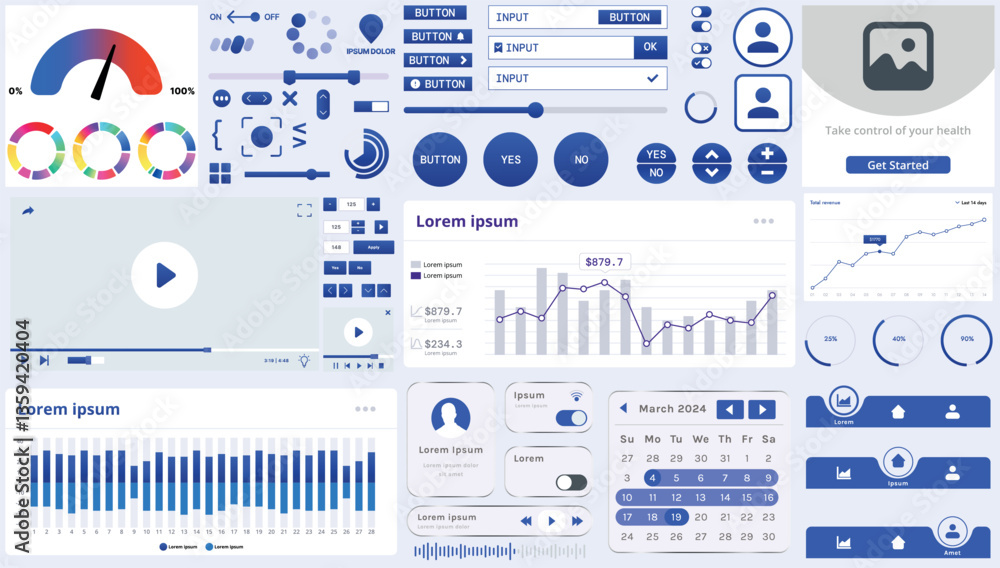 Poster set of modern interface elements for apps and websites: buttons, menus, graphs and charts for busine
