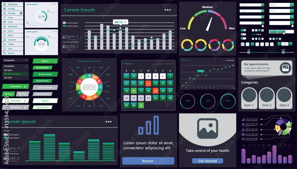 Poster set of modern interface elements for apps and websites: buttons, menus, graphs and charts for busine