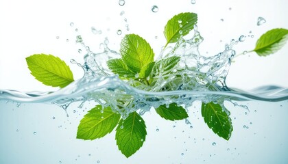 Fresh Mint Sprigs Splashing Into Water with Droplets and Motion