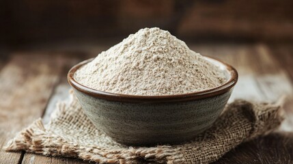 A mountain of artisanal spelt flour in a handmade ceramic bowl, rustic wooden backdrop with soft natural lighting