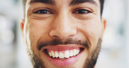 Naklejka premium Confident, portrait and man with smile, office and excited for achievement in business or reporter. Startup, face and joy for career growth in media agency, journalist or person with positive mindset