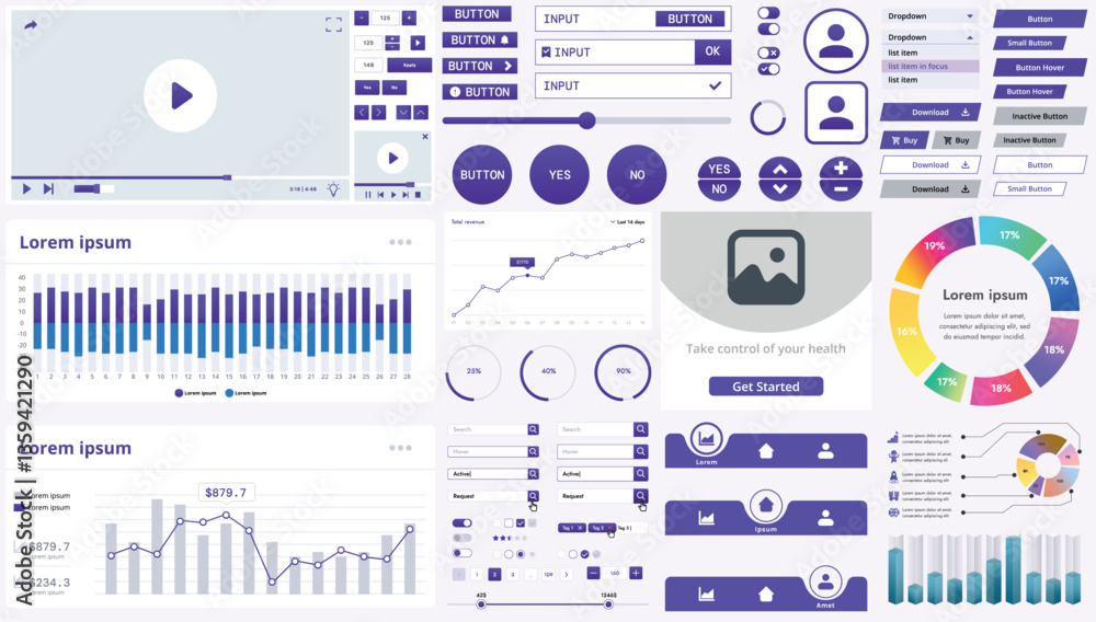 Poster set of modern interface elements for apps and websites: buttons, menus, graphs and charts for busine