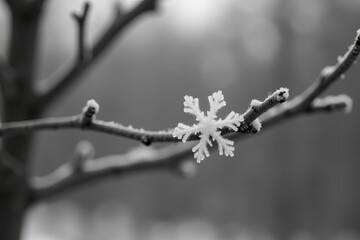 Monochrome Image of a Single Snowflake Perched on a Naked Branch