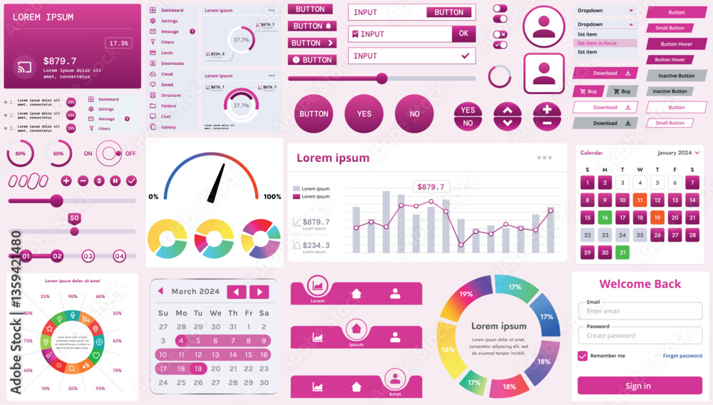 Poster set of modern interface elements for apps and websites: buttons, menus, graphs and charts for busine