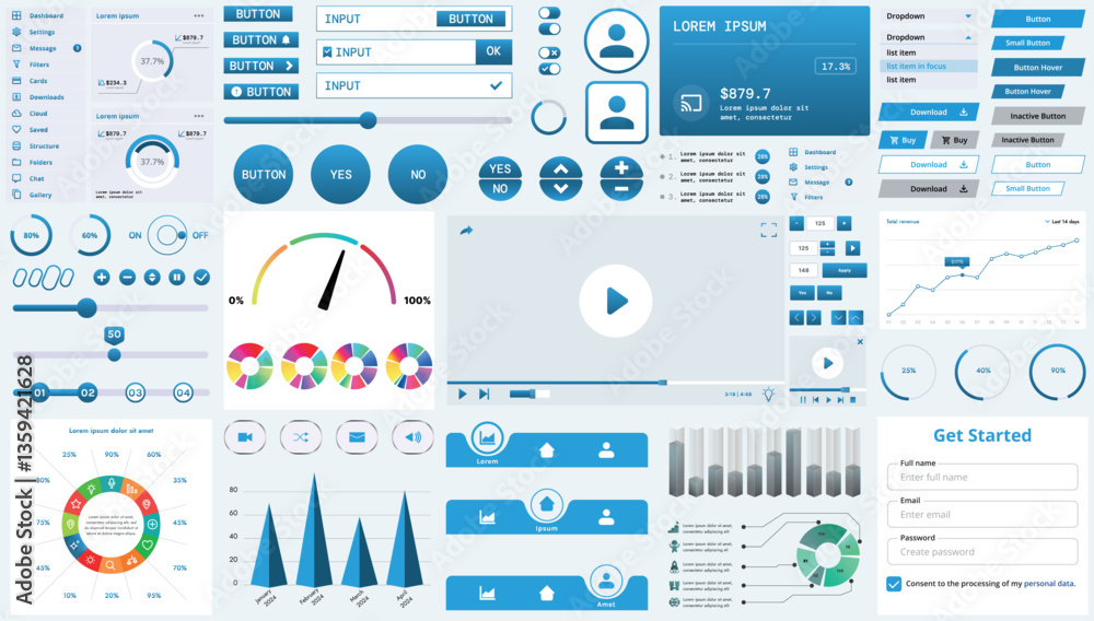 Poster set of modern interface elements for apps and websites: buttons, menus, graphs and charts for busine