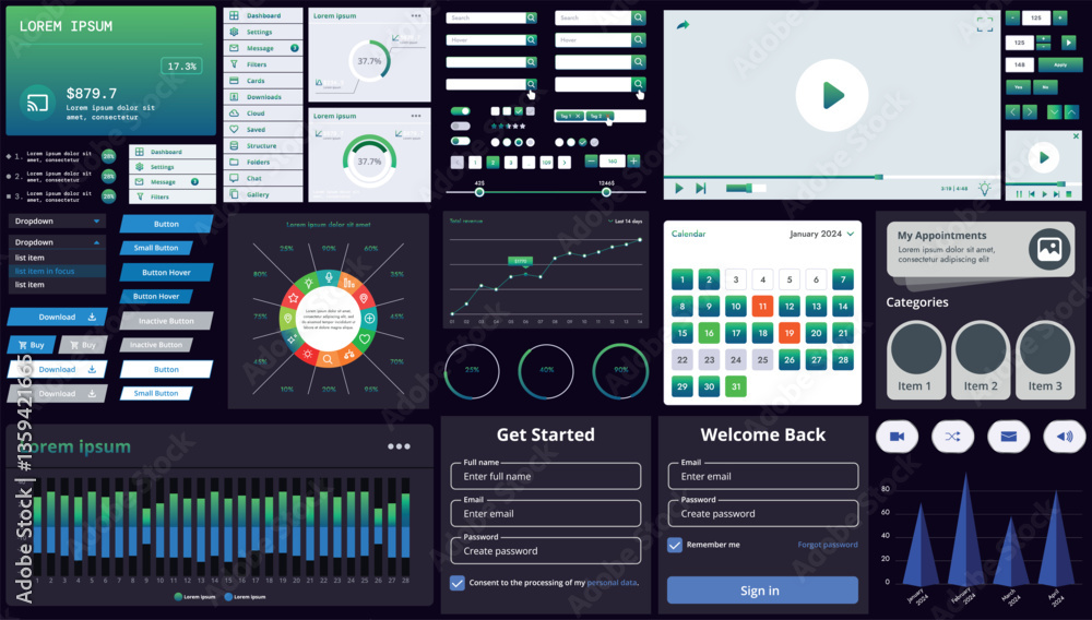 Poster set of modern interface elements for apps and websites: buttons, menus, graphs and charts for busine