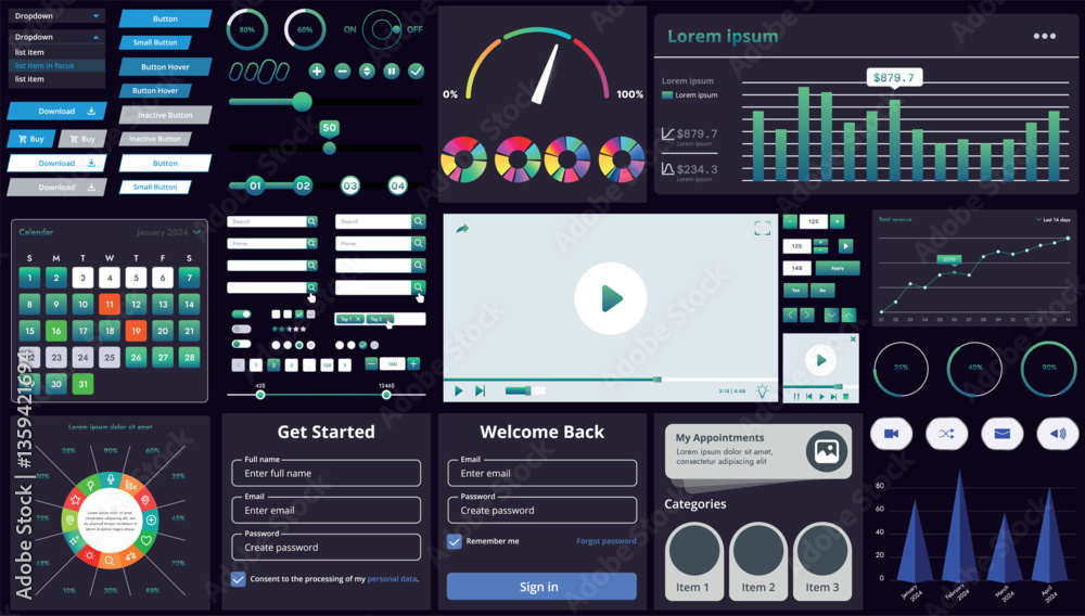 Poster set of modern interface elements for apps and websites: buttons, menus, graphs and charts for busine