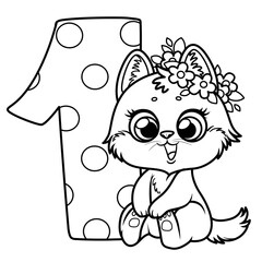 Cute cartoon kitten wreath of flowers and number one outlined for coloring page on a white background