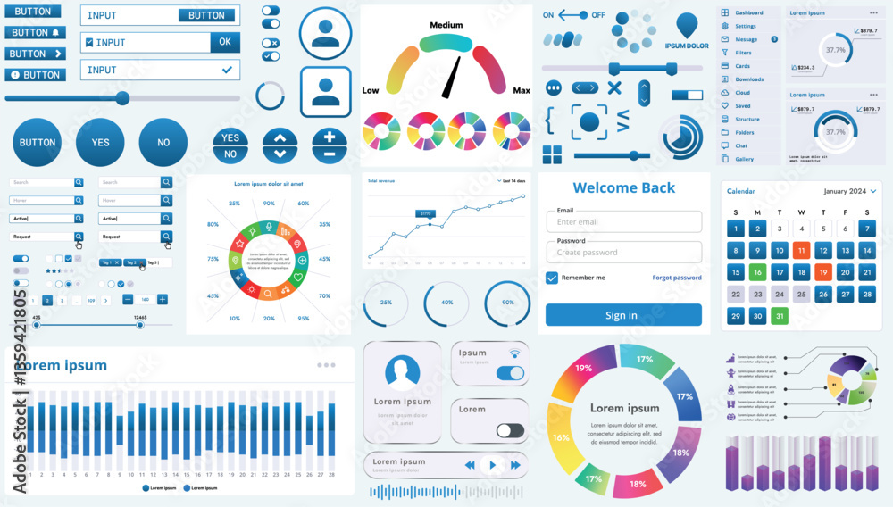 Poster set of modern interface elements for apps and websites: buttons, menus, graphs and charts for busine