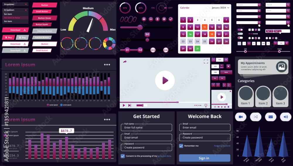 Poster set of modern interface elements for apps and websites: buttons, menus, graphs and charts for busine