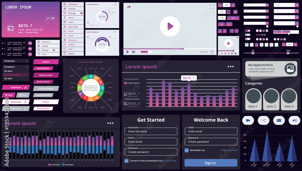 Poster set of modern interface elements for apps and websites: buttons, menus, graphs and charts for busine
