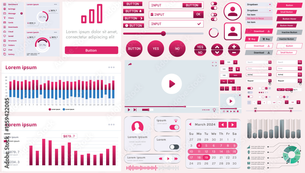 Poster set of modern interface elements for apps and websites: buttons, menus, graphs and charts for busine