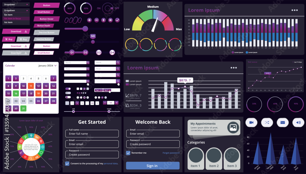 Poster set of modern interface elements for apps and websites: buttons, menus, graphs and charts for busine