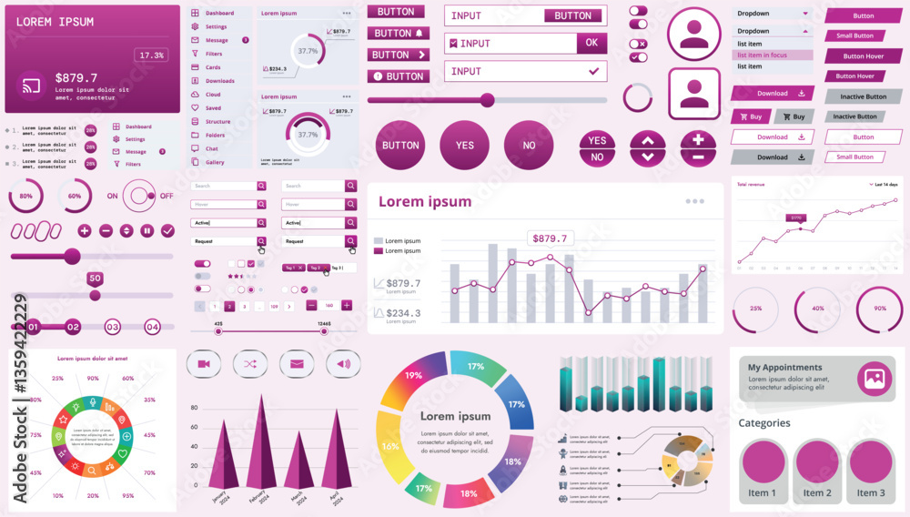 Poster set of modern interface elements for apps and websites: buttons, menus, graphs and charts for busine