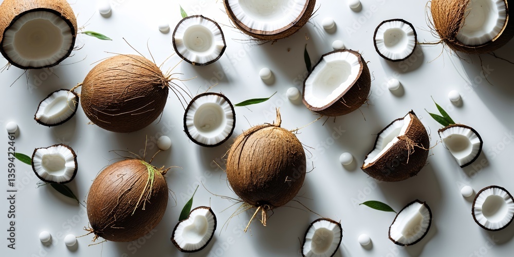 Aufkleber coconuts with shells and flesh arranged artistically on a plain surface
