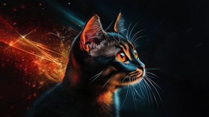 Dynamic cat portrait digital art stunning visuals dark background side view whimsical concept