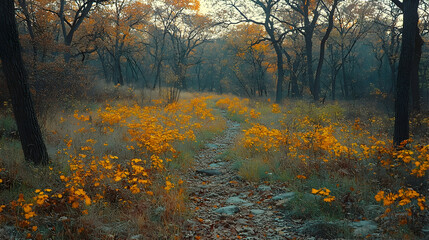 Fototapeta premium A serene path winds through a forest lined with vibrant orange wildflowers and trees with a soft diffused light filte