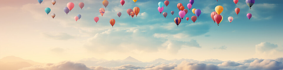Fototapeta premium panorama of multicolored balloons in the sky above the clouds, long narrow panoramic view, background, space, freedom and happiness