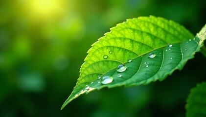 Vibrant green leafs covered in dew drops glistening in the morning light, close-up, water droplets, outdoors