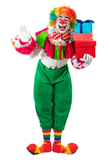 Funny clown with gifts friendly waving hand, man entertainer as Joker in a suit and wig, with clown...