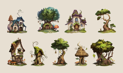 An enchanting collection of whimsical fairy tale cottages and magical forest elements, ideal for game design and theme design
