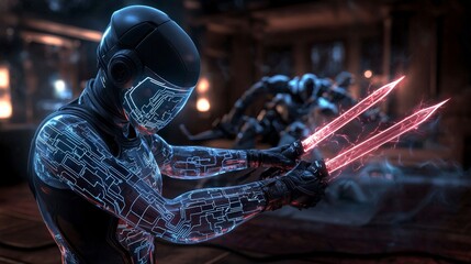 Futuristic duel with dual blades cyberpunk city digital art urban environment close-up high-tech clash