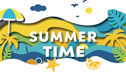Colorful summer-themed design featuring palm trees, beach elements, and a bright sun, evoking warmth and relaxation with the phrase SUMMER TIME prominently displayed.