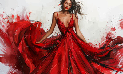 Award winning fashion illustration of a stunning woman in a red dress. The dress is a bold and vibrant shade of red, capturing the attention of everyone in the room
