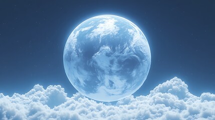 Obraz premium Floating Snowball Sphere in Clear Blue Sky, A large, textured sphere resembling a snowball floats above a flat, snowy surface against a clear blue sky