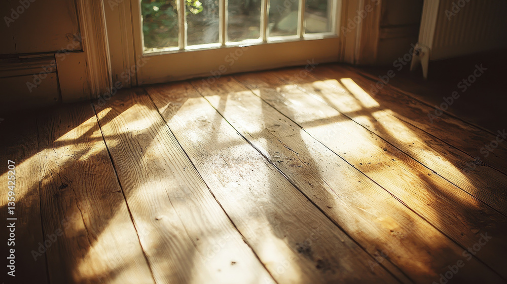 Poster delicate cracked window with soft light casting gentle shadows on an old wooden floor in a tranquil 