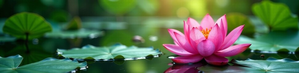 Fototapeta premium Vibrant lotus blossom in full bloom surrounded by lily pads, zen, water lily, botanical