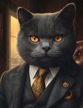 Important cat boss video, serious feline with bright yellow eyes staring at the camera, playful elegance