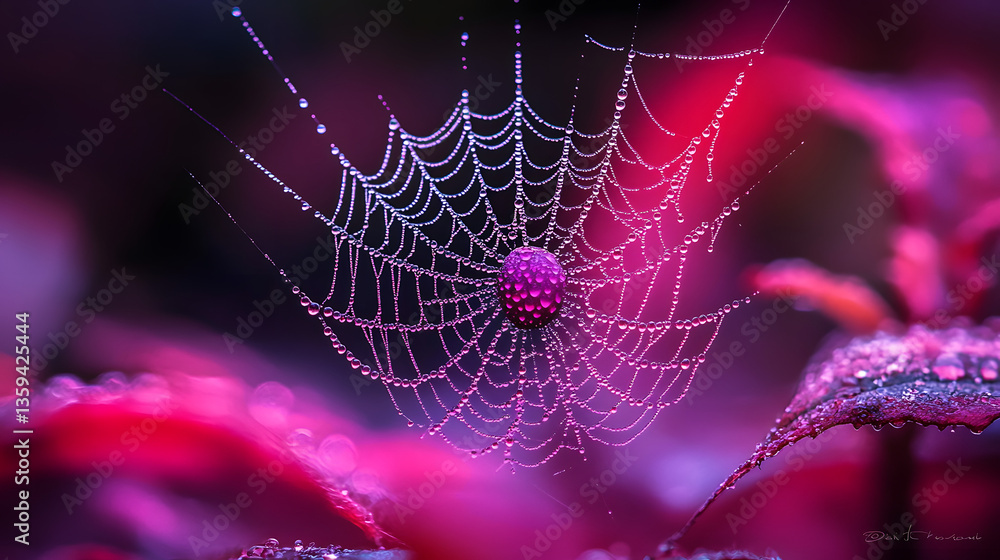 Poster nature's delicate architecture: a macro shot showcases a spider's intricate web adorned with glisten