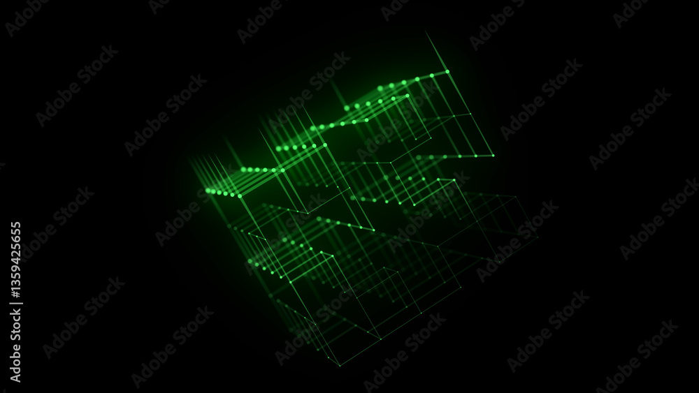 Fototapete Abstract wireframe cube with connection dots and lines. Digital blockchain concept and data transfer system. Storage cells of data. 3d rendering