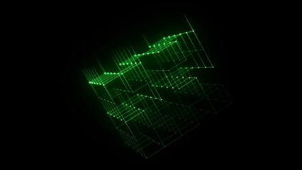 Abstract wireframe cube with connection dots and lines. Digital blockchain concept and data transfer system. Storage cells of data. 3d rendering