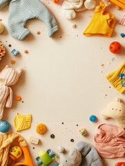 Fototapeta premium Colorful baby clothes and toys arranged in a frame