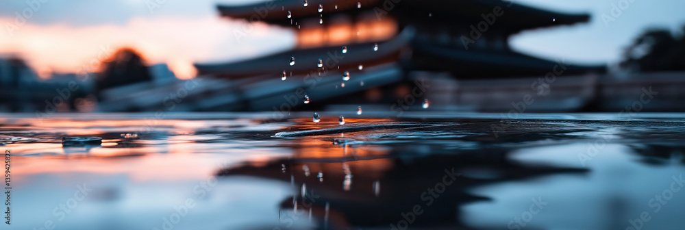 Poster raindrops on reflective surface with blurred building background