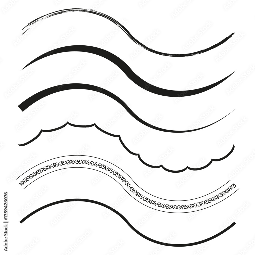 Poster wave line set. curved brush strokes and decorative elements. abstract flowing shapes. vector ink lin
